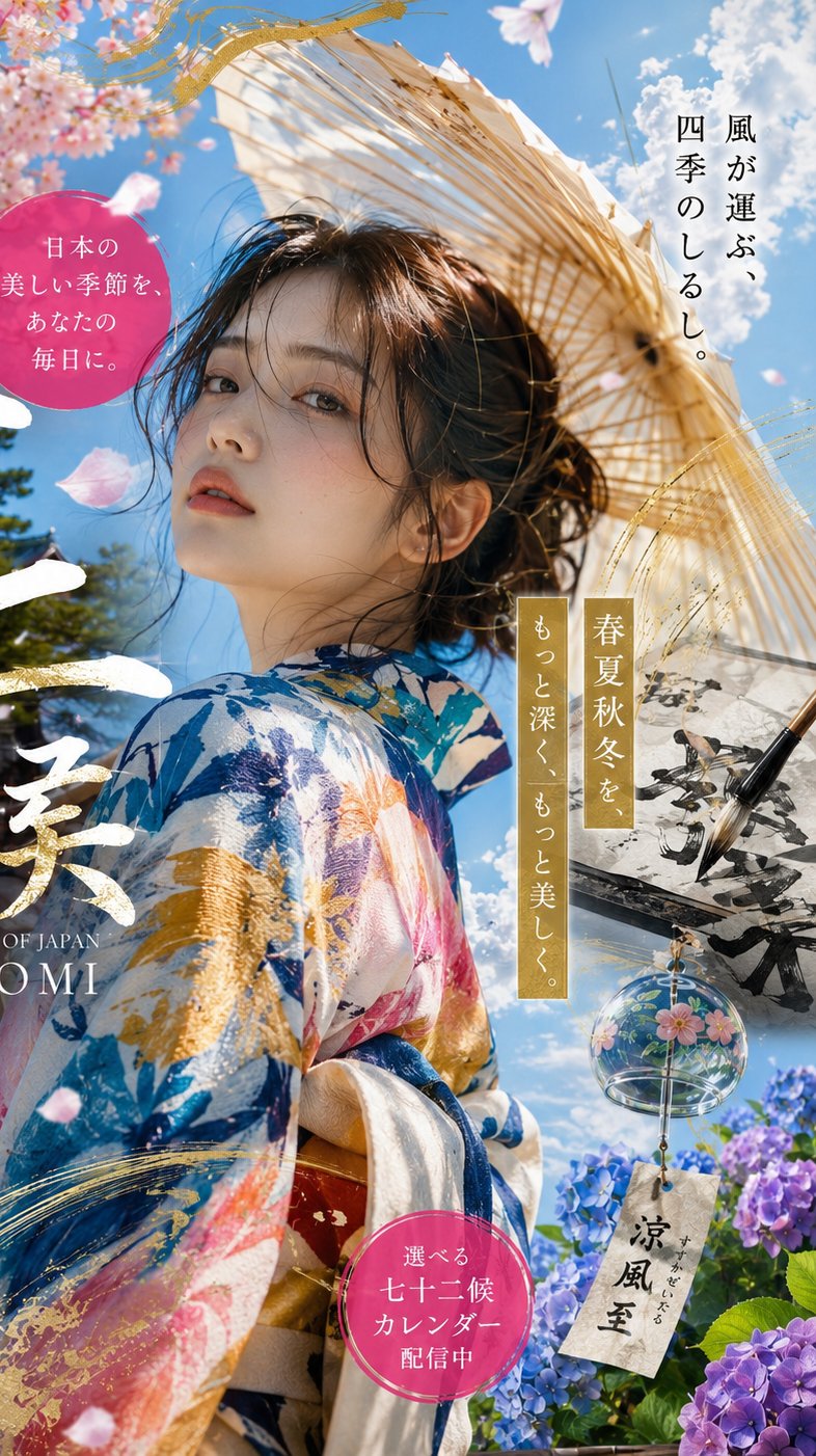 桜舞う中、和傘をさす和装の女性。日本の四季を象徴する情景